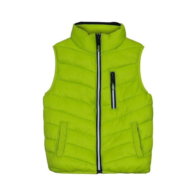 modelo 001025000123 verde 10 chaleco capitonado para niña en 100% poliéster, vista frontal centrada; silueta sin mangas con cierre frontal negro y ribete reflectante, bolsillo vertical con cierre en pecho, bolsillos laterales y cuello alto con interior afelpado. Adecuado para usar sobre suéteres en clima fresco.