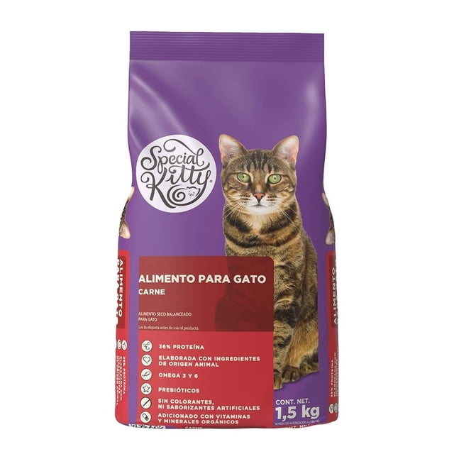 alimento para gato special kitty defense plus carne 1.5kg bolsa frontal morada con logo Special Kitty y foto de gato atigrado. Etiqueta roja muestra 36% proteína, omega 3 y señala 'elaborado con ingredientes de origen animal' y vitaminas y minerales; alimento seco, también suele usarse para alimentar gatos adultos en hogar compartido.