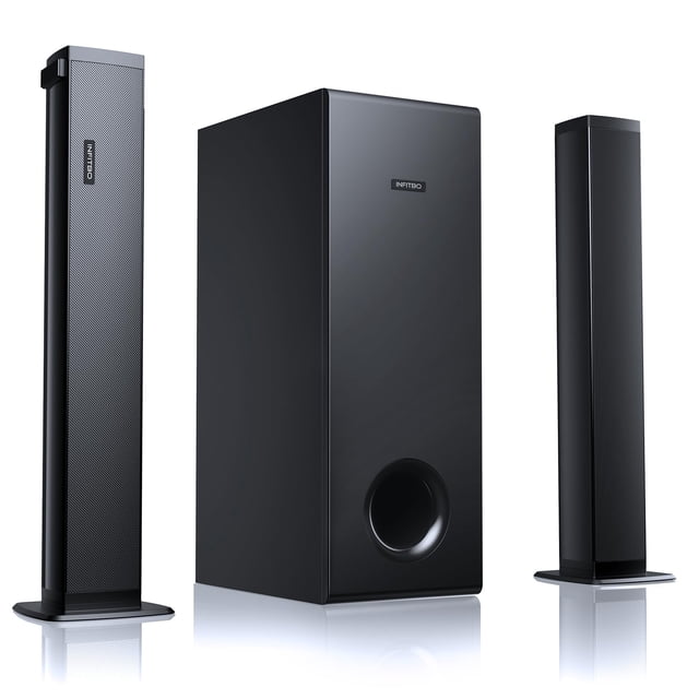 Barra de sonido INFITBO 2.1 canales 190 W de potencia máxima con subwoofer D40-4M vista frontal; subwoofer negro rectangular con puerto de graves frontal y dos satélites delgados desmontables a ambos lados, rejilla perforada y acabado mate, diseño ultradelgado para montaje en pared o colocación frente al televisor, conectividad BT 5.4, HD-ARC, óptico, AUX y USB (modo PC), ideal para cine en casa y gaming y a menudo usado como altavoz lateral en setups de PC.