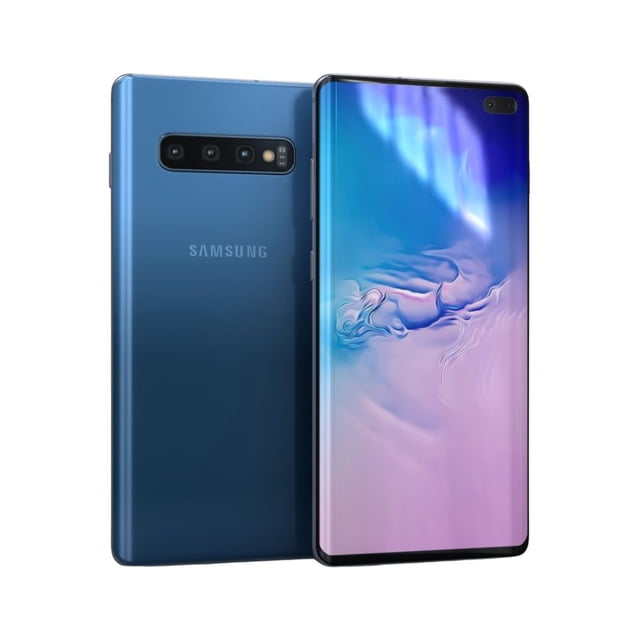 celular samsung galaxy s10+ 128gb reacondicionado azul, vista 3/4 con pantalla curva encendida y recorte para cámara frontal dual; parte trasera visible con módulo de cámara triple en línea y logotipo Samsung, acabado azul brillante y bordes redondeados. Suele usarse como smartphone desbloqueado para viajar o como equipo secundario.