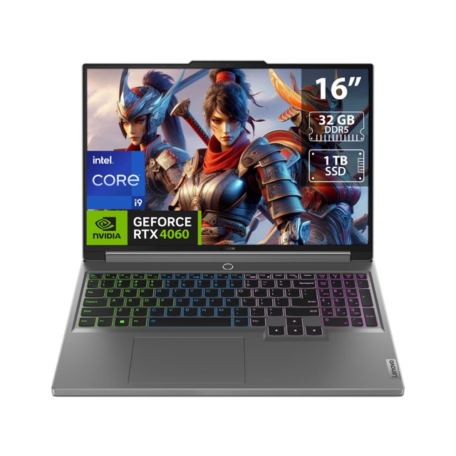 laptop gamer lenovo legion 5 16irx9: intel core i9 14900hx, ram 32gb ddr5, ssd 1tb, pantalla 16" rtx 4060 w11h — Vista frontal de laptop Lenovo gris con pantalla de 16" mostrando arte de juego, teclado en Inglés retroiluminado RGB, panel táctil grande y bordes de pantalla visibles; en pantalla se aprecian etiquetas: Intel Core i9, GeForce RTX 4060, 32 GB DDR5 y 1 TB SSD. También es adecuada como estación móvil para edición de video ligera.
