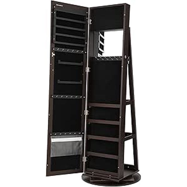 songmics home armario de joyas marrón, armario joyero alto 55 x 55 x 161 cm con puerta abierta mostrando espejo interior grande y múltiples compartimentos. Panel izquierdo con ranuras para pendientes, filas de ganchos y bolsillos; panel derecho con estantes, barras para pulseras y ranuras para anillos; base giratoria de 55 cm; a menudo usado también como organizador compacto para accesorios de tocador.
