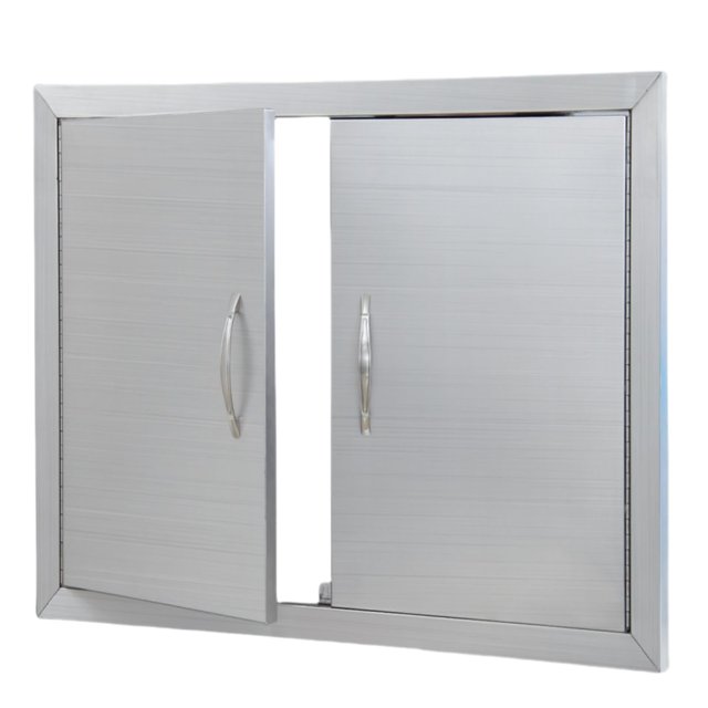 yeshouse puerta de acero inoxidable para cocina exterior montaje empotrado, doble puerta 31x24 pulgadas con tiradores curvos, marco preperforado y superficie cepillada resistente a la corrosión; cierre magnético y acabado liso, vista frontal centrada sobre fondo blanco, ideal para isla de barbacoa, chimenea o mueble de fregadero; a menudo usada también para gabinetes exteriores.