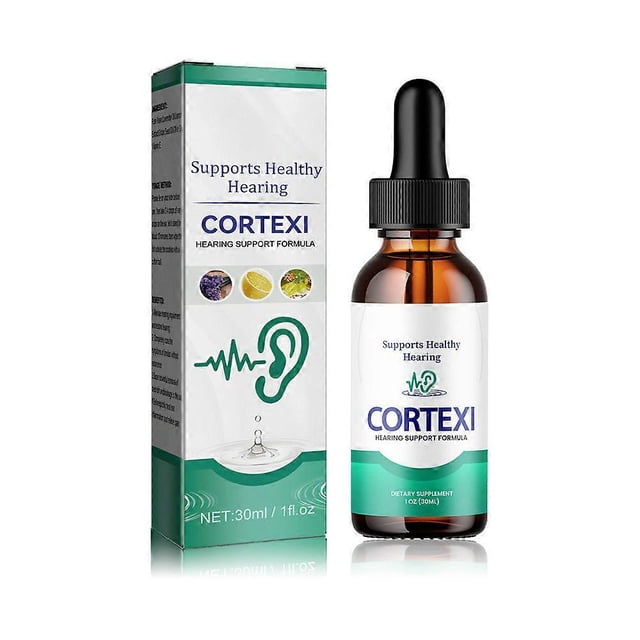 tinnitus ear drops treatment itching earache hard hearing tinnitus symptoms 30ml centered front view of amber 30ml dropper bottle labeled CORTEXI with black rubber dropper and white-green label, paired with matching white and green retail box showing ear icon and 'Supports Healthy Hearing' text; plain white studio background.