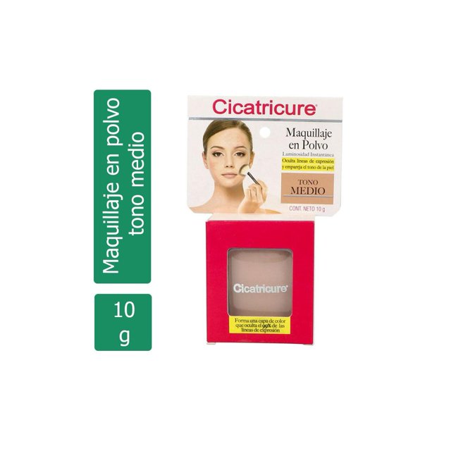 cicatricure maquillante polvo tono medio caja con 10g caja frontal con compacto visible, empaque blanco y rosa con nombre Cicatricure, ilustración de rostro aplicando brocha, etiqueta 'tono medio' y '10 g'; adecuado como base de maquillaje para emparejar el tono y apto para retoques rápidos.