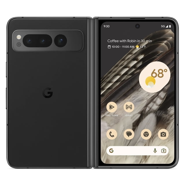 google pixel fold 12gb 256gb 5g negro reacondicionado Refurbished plegable abierto 3/4 frontal y trasero, pantalla OLED de 7.6 pulgadas (1840 x 2208) encendida con interfaz Android, carcasa negra con módulo de triple cámara trasera horizontal y sensor de huella lateral en el marco; ideal para multimedia y gaming, y a menudo usado como dispositivo de productividad en pantalla grande.