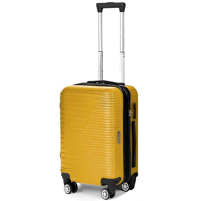 maleta de 20 pulgadas de viaje shendy vendy con candado de seguridad y mango ajustable Amarillo; vista 3/4 frontal con barra telescópica extendida, carcasa texturizada con líneas horizontales, doble ruedas 360°, doble cierre y asa lateral, interior con doble compartimento indicado.