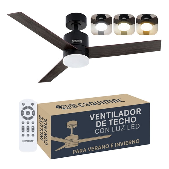 Ventilador de Techo Esquimal 122 cm con Lámpara LED, 6 Velocidades, Función Reversible, Temporizador 4h, Aspas de Madera Doble Vista, Color Negro