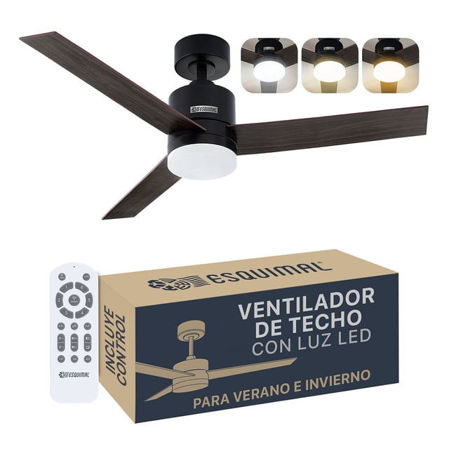 Ventilador de Techo Esquimal 122 cm con Lámpara LED, 6 Velocidades, Función Reversible, Temporizador 4h, Aspas de Madera Doble Vista, Color Negro