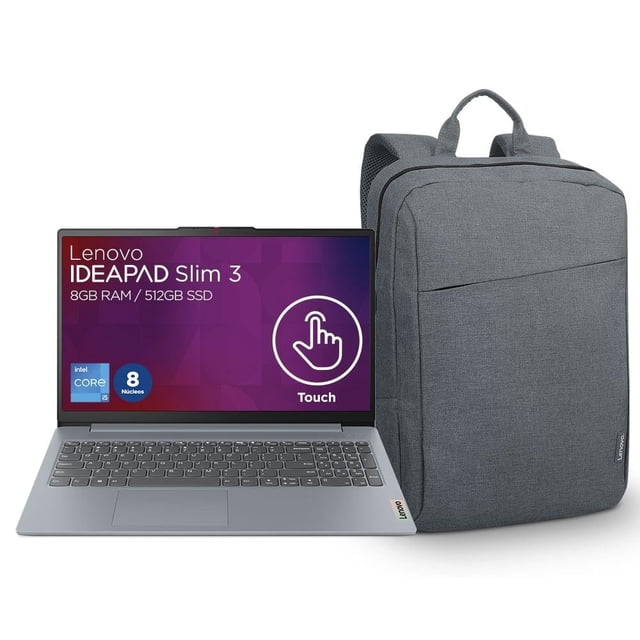 laptop lenovo ideapad nb ip slim 3 15iah8 i5 8gb 512gb touch gris más mochila Vista frontal de la Lenovo IdeaPad Slim 3 15.6 pulgadas Touch en color Arctic Grey abierta junto a una mochila gris; pantalla FHD con texto de marca y especificaciones (Core i5, 8GB, 512GB SSD), teclado con teclado numérico, trackpad, biseles delgados y logo Lenovo, mochila de tejido con asa superior y bolsillo frontal. Suele usarse para trabajo diario y viajes cortos.