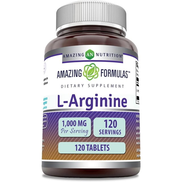 amazing formulas l-arginine | 1,000 mg per serving | 120 servings | 120 tablets frasco frontal, vista centrada y de frente; etiqueta blanca y morada con logotipo Amazing Formulas y texto prominente “L-Arginine”, recuadros que indican "1,000 MG Per Serving", "120 SERVINGS" y "120 TABLETS", tapa plateada y envase marrón translúcido sobre fondo neutro.