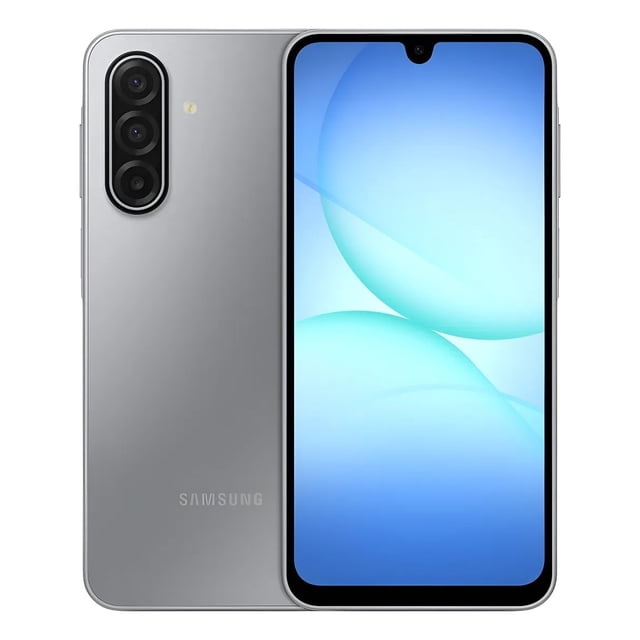 samsun galaxy a17 5g 6gb 128gb color gris, vista frontal y trasera en ángulo 3/4 con pantalla Super AMOLED de 6.7 pulgadas encendida; carcasa gris mate, módulo vertical de triple cámara con anillo negro, botón lateral de volumen y logotipo Samsung en la parte trasera, fondo blanco; también adecuado para uso frecuente como teléfono de trabajo o entretenimiento móvil.