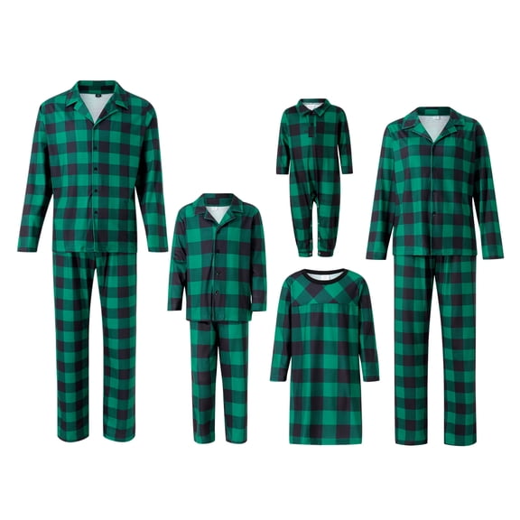 Conjunto de pijamas navideños a juego para toda la familia: camisa de manga larga a cuadros y pantalón con cintura elástica.