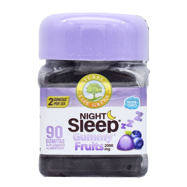 gomitas night sleep 2000 mg naturelab Suplemento Alimenticio multicolor, frasco frontal con tapa lila y etiqueta blanca y morada que indica 90 gomitas y "2 gomitas por día", texto "Night Sleep Gummy Fruits 2000 mg" y dibujo de moras; envase transparente muestra gomitas oscuras, adecuado como suplemento para dormir.