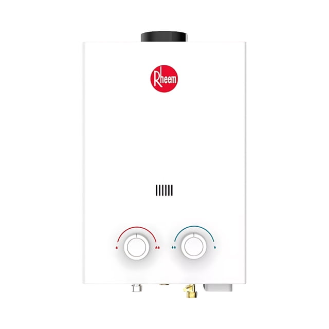 boiler calentador de agua rheem 1 servicio gas lp 6 litros calentador instantáneo blanco Rheem Ultra Fit con dos perillas ergonómicas (rojo y azul) para ajuste de temperatura, conexiones de agua y gas por la parte inferior y encendido por chispa electrónica sin piloto; diseño compacto para espacios reducidos y funcionamiento con baja presión; también suele utilizarse en departamentos pequeños por su tamaño y fácil instalación.
