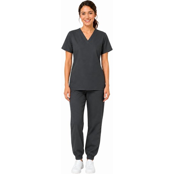 Pijama Quirúrgica Mujer, Bluelander, Uniforme Quirúrgico con Blusa y Pantalón, Talla S, Gris Carbón