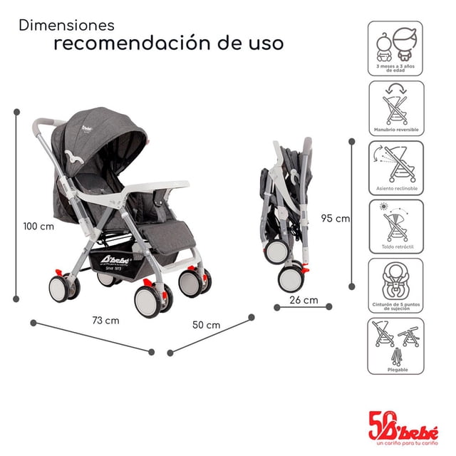 carriola de manubrio reversible baby buggy baby bm beige con asiento gris; vista 3/4 mostrando chasis metálico, capota retráctil y asiento reclinable acolchado con cinturón de 5 puntos, repisa frontal para biberón, canastilla inferior amplia y freno en las cuatro llantas; también mostrada plegada con medidas y recomendada para 3-36 meses (hasta 15 kg).