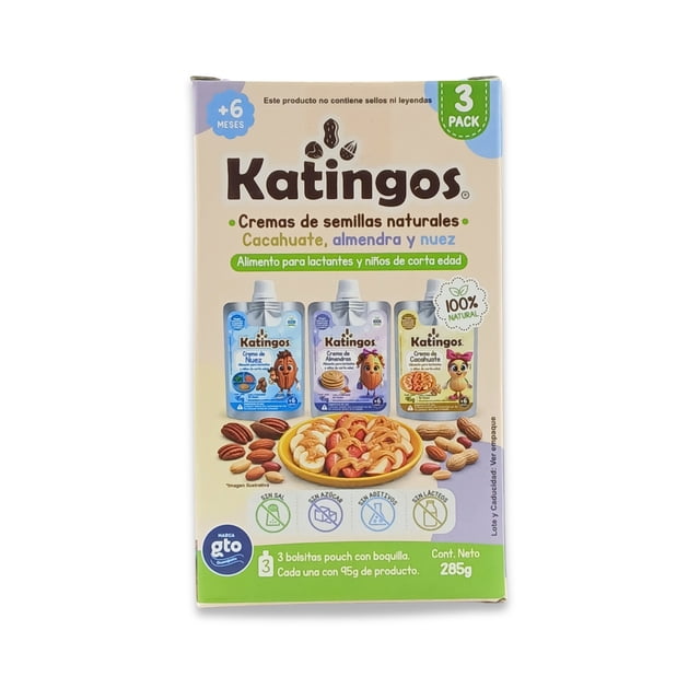 Paquete cremas de semillas (cacahuate, almendra, nuez pecana) para bebés y niños de corta edad. Marca Katingos 95g c/u.