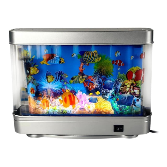 lámpara de acuario artificial multicolor, lámpara de acuario de peces tropicales que imita movimiento — vista frontal centrada de 31 x 24 x 8 cm; carcasa rectangular con base y tapa plateadas, panel transparente con peces y corales impresos iluminados por luces internas azules, amarillas y rojas; interruptor y cable en la base; ideal como luz nocturna decorativa para dormitorio o sala, y también adecuada como decoración sensorial en estanterías u oficinas.