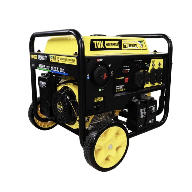 generador profesional trifue machinery gasolina/gas lp/gas natural 10kw 110v/220v 60hz Generador portátil amarillo TDK Machinery en vista 3/4 frontal, bastidor tubular negro con ruedas; motor 4 tiempos y alternador con devanados de cobre visibles; arranque eléctrico con batería, display digital, selector 110v/220v, tomas GFCI y conexiones rápidas para GLP/GN en el panel. Apto también como fuente móvil de energía para herramientas en obra ligera.