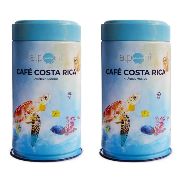 alpont gourmet café costa rica molido 250 gramos 2 piezas lata cilíndrica frontal con tapa celeste; dos envases idénticos con etiqueta azul y acuarela marina que muestra una tortuga y peces y el texto 'CAFÉ COSTA RICA ARÁBICA MOLIDO'.