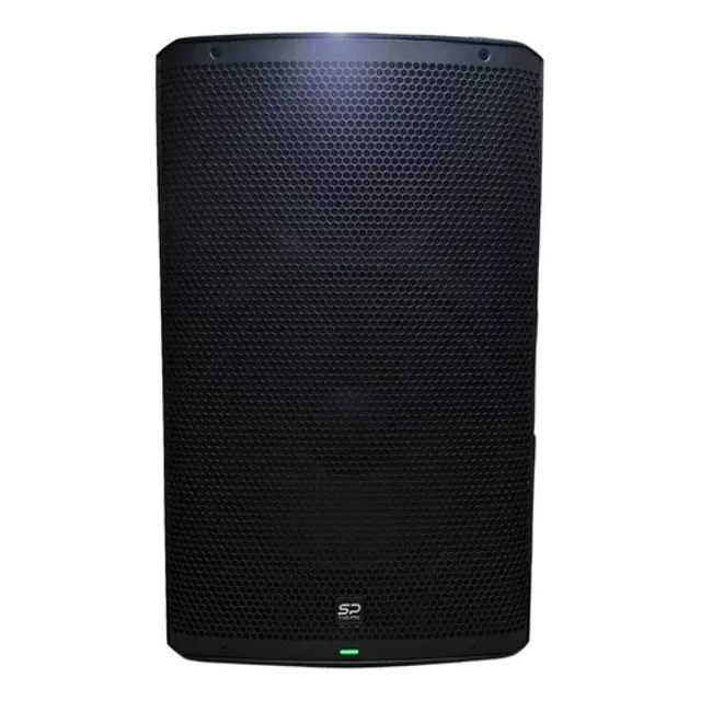 bocina alienpro sp 15 advanced 600w rms bluetooth dsp 15 pulgadas negro, vista frontal centrada con rejilla metálica hexagonal que oculta el woofer, indicador LED verde en la base y marca AlienPro en la parrilla; diseñada para refuerzo de sonido en eventos con gran respuesta de frecuencia y a menudo usada como monitor portátil en presentaciones pequeñas.