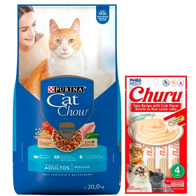cat chow adulto pescado defense plus 20 kg + churu atún con cangrejo sobre con 4 tubos de 14 g bolsa azul de 20 kg de alimento seco para gatos con logo Purina y foto de un gato naranja; junto a ella, caja roja de Churu atún con cangrejo con 4 tubos cremosos de 14 g como premio complementario.