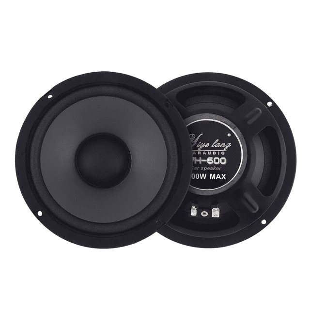 juego bocinas carro 6.5 pulgadas 600w speakers Belug coaxial 6.5" 600W, vista frontal y trasera de dos bocinas negras; cono rígido con cúpula central, suspensión de goma PP, chasis metálico ventilado e imán trasero con etiqueta que indica 600W MAX y 4 Ω, rango 60 Hz–20 kHz y sensibilidad 91 dB; montaje universal para autos GM, también adecuado para proyectos de audio DIY.