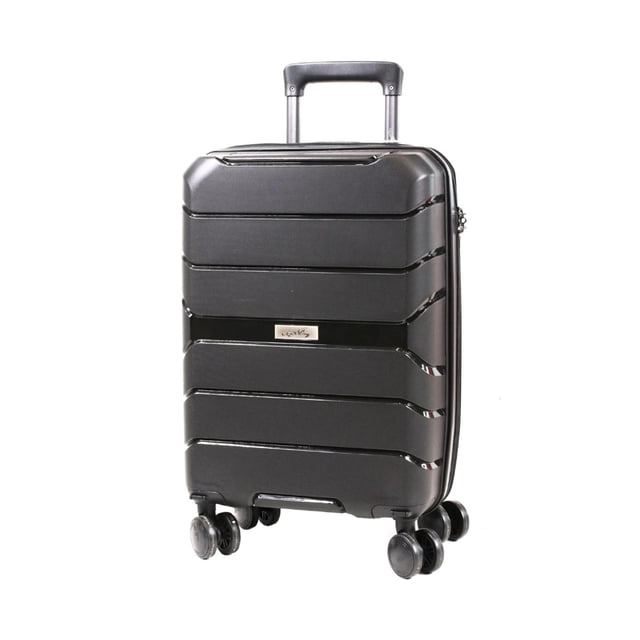 maleta de cabina miguel petacas z-01 20' negro, vista frontal 3/4; carcasa rígida con franjas horizontales, asa telescópica retráctil con botón, sistema de 8 llantas dobles, candado de combinación lateral y placa de marca; amplio compartimento principal con organizadores interiores; suele usarse también para viajes cortos o como equipaje de mano.