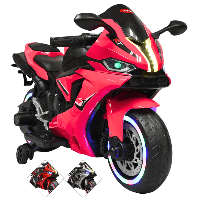 moto montable eléctrica para niños luces led sonido batería 12v ruedas con luz - rosa vista 3/4 frontal de moto infantil rosa con diseño deportivo y carenado aerodinámico, sillín doble y manubrios negros; luces delanteras y anillos LED en ruedas encendidos, llantas de equilibrio laterales visibles, pedales y reposapiés; superficie de plástico brillante, incluye control de sonido y conectores USB/AUX; a menudo usada para juego imaginativo o como accesorio en sesiones de fotos infantiles.