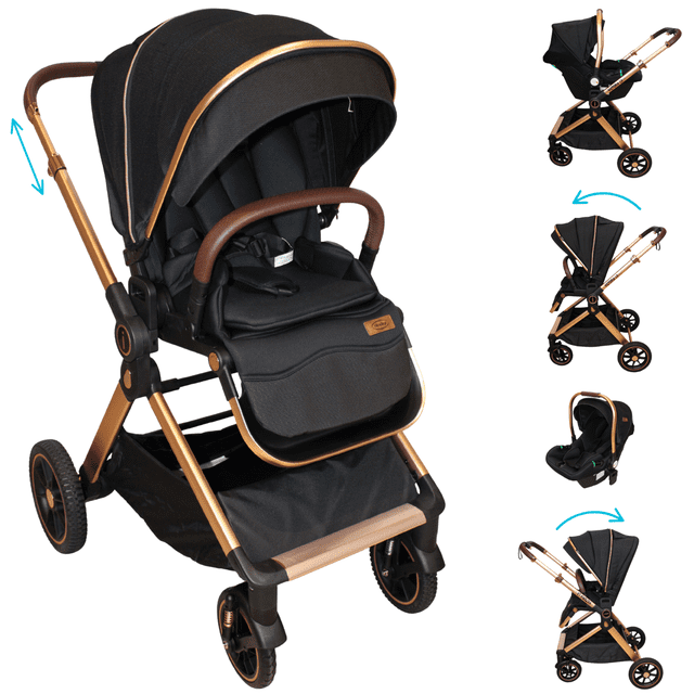 carriola lx y porta bebé plegable mango reversible victoria negro Carriola telescópica Victoria, vista 3/4 frontal con estructura de aluminio acabado dorado metálico, asiento acolchado negro con capota amplia, arnés de 5 puntos y barra de seguridad en tacto piel marrón; ruedas traseras grandes y canastilla inferior. Miniaturas a la derecha muestran el asiento reclinable en varias posiciones, modo reversible y el porta bebé compatible desmontado; ideal para paseos urbanos y uso diario.