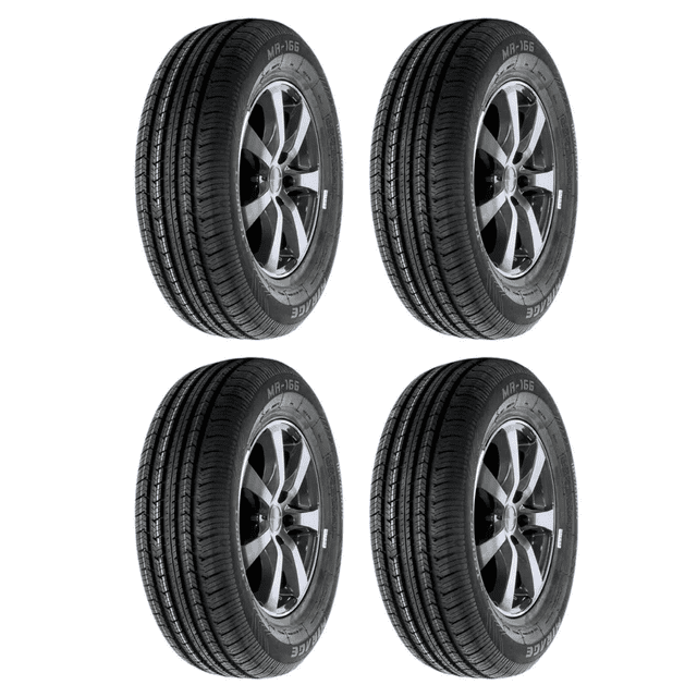 paquete de 4 llantas 195/60 r15 88h mirage mr-166 vt 88h conjunto de cuatro llantas en vista 3/4, banda de rodamiento con cuatro ranuras longitudinales simétricas, ranuras laterales integrales y láminas de alta densidad visibles, flancos con marcaje MR-166 y perfil diseñado para canalizar agua; a menudo también se usan como repuesto de viaje por su formato compacto.
