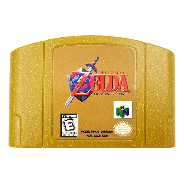 la leyenda de zelda ocarina of time nintendo 64 gold salva físico cartucho dorado para Nintendo 64, vista frontal centrada; etiqueta muestra logotipo rojo y azul de The Legend of Zelda con escudo y espada, sello ESRB 'E', logo de Nintendo 64 y texto de modelo.