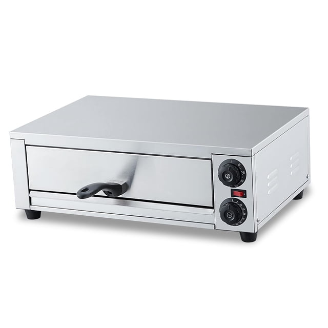 yeshouse horno eléctrico para pizza de 1300w, encimera, acero inoxidable, hasta 40 cm, fácil de limpiar — vista frontal centrada de horno de encimera plateado con puerta tipo cajón y mango negro, panel lateral con perillas de temperatura y temporizador y luz indicadora roja, patas antideslizantes y bandeja de migas extraíble en la base; también adecuado para recalentar o dorar otros alimentos.