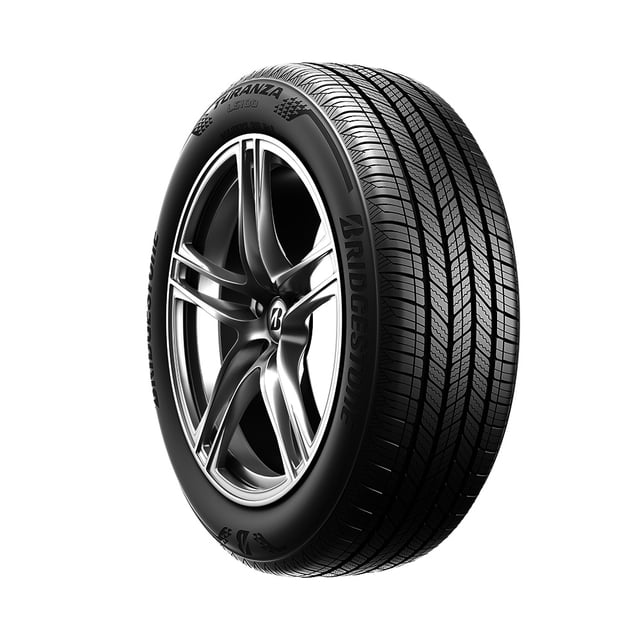 paquete de 4 llantas 215/60 r17 60r bridgestone 215/60r17 96h turanza ls100 3/4 frontal de llanta negra Bridgestone Turanza LS100 con dibujo de canales curvos y hombros ranurados, flanco con logo Bridgestone visible y rin deportivo montado sobre fondo blanco; adecuada para uso en carretera y vehículos de pasajero.