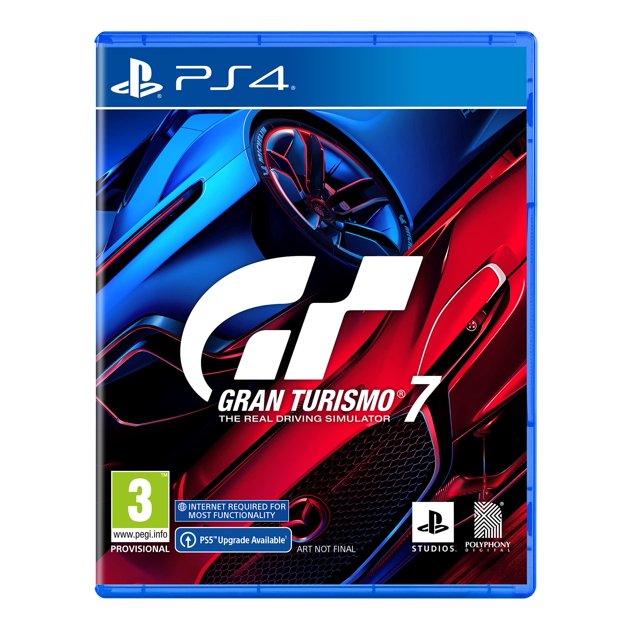 videojuego sony gran turismo 7 standard edition ps4 carátula frontal con logo GT7 grande sobre fondo azul y rojo, vista parcial de un coche deportivo, franja superior con emblema PS4, clasificación PEGI 3 y logotipos de PlayStation Studios y Polyphony Digital; juego de carreras para PS4.