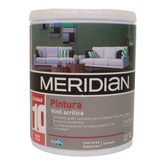 Pintura Meridian Satinado para Interiores y Exteriores Vinil Acrílica 1 Litro