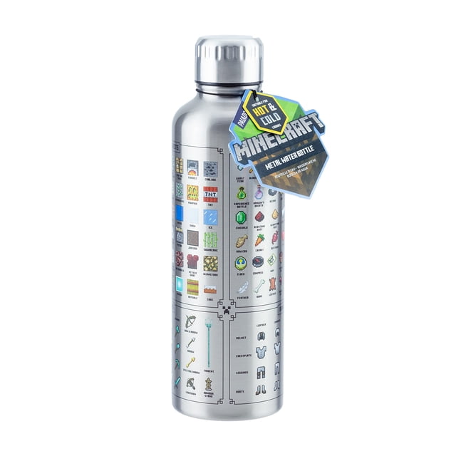 paladone minecraft metal water bottle | officially licensed gaming merchandise Botella metálica Paladone Minecraft 500 ml (16 floz) vista frontal centrada, acabado acero inoxidable cepillado decorada con columnas de iconos a todo color de bloques, armas y armaduras de Minecraft, tapa roscada metálica y etiqueta colgante que indica uso frío y caliente; adecuada para fans y coleccionistas y para llevar bebidas en la vida diaria.