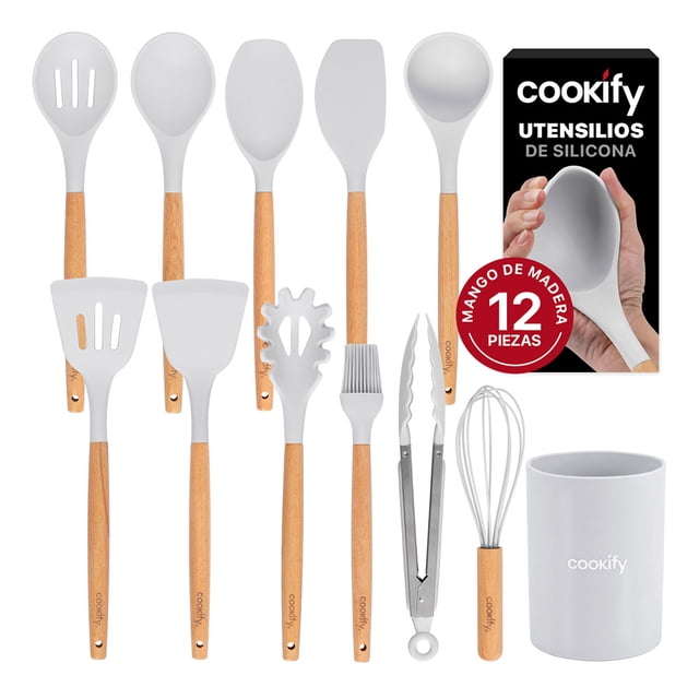 juego de utensilios de cocina silicona y madera accesorios para cocinar, 12 pzas (gris) Conjunto frontal de 12 piezas con mangos de madera natural y cabezas de silicona gris: espátula ranurada, cuchara, cuchara de servir, espátula plana, cucharón, espátula ancha, removedor para pasta, brocha de silicona, pinzas, batidor y porta utensilios cilíndrico gris con logo Cookify visible; fondo blanco. Apto para sartenes antiadherentes y resistente al calor; también suele usarse como kit compacto para organizar utensilios en cocinas pequeñas.