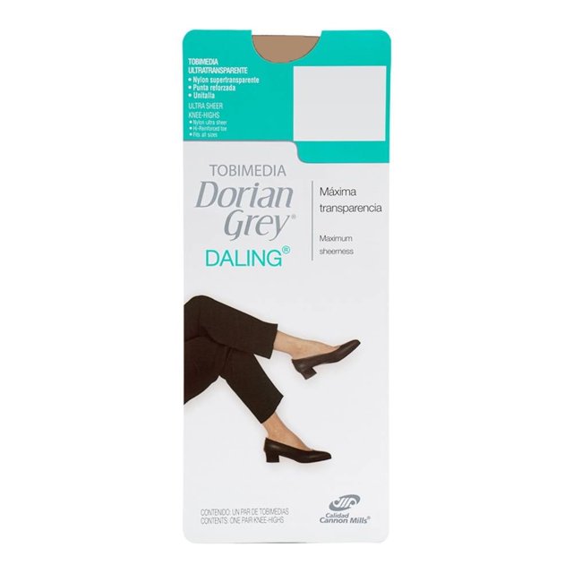 tobimedias dorian grey para mujer, tabaco daling juvenil tabaco unitalla Empaque frontal vertical de tobimedias color tabaco Dorian Grey Daling; logo y texto turquesa en la parte superior, ilustración de piernas femeninas cruzadas usando las medias con zapatos bajos, texto visible que indica punta reforzada, ultra transparente y contenido de un par; diseño unitalla, ideal para uso diario y como complemento de lencería en el hogar.
