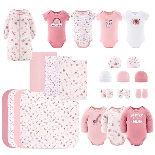 set de regalo layette the peanutshell para niñas de 0 a 3 meses Conjunto de 23 piezas en rosa y malva: 4 mamelucos de manga corta y 3 de manga larga, saco de dormir con cremallera, manta portátil, 5 gorritos, 3 pares de mitones, 3 paños para eructos y 4 mantas (30 x 30 pulg.); estampados Rainbow Safari con animales y arcoíris pastel, 100% algodón lavable a máquina, disposición plana sobre fondo claro; a menudo usado como regalo de baby shower para recién nacida.