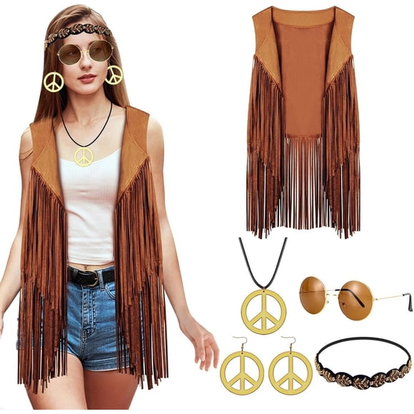 Disfraz Hippie Mujer 5 Piezas Beige y Dorado Talla M, Años 70 para Halloween y Fiestas