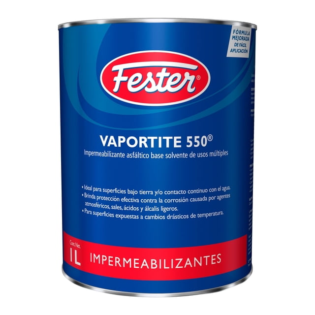 impermeabilizante asfáltico base solvente de usos múltiples fester vaportite 550 1 l lata frontal con logo Fester y texto Vaportite 550, envase azul con franja roja y rótulo "Impermeabilizantes"; recomendado como barrera de vapor e impermeabilizante para concreto y mampostería, aplicación con brocha, rodillo o aspersión; su presentación de 1 L es adecuada para trabajos pequeños y reparaciones.