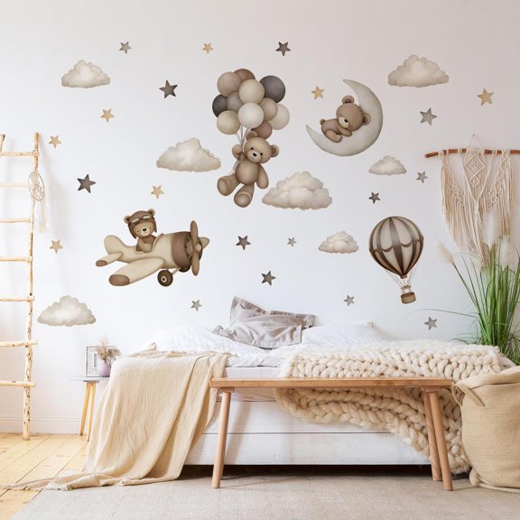 Calcomanías de pared de oso de peluche, diseño de oso de dibujos animados, globos de aire, estrella,