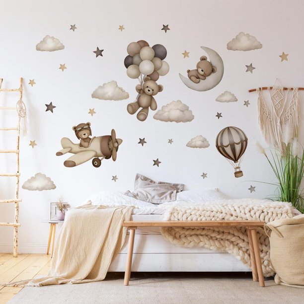 Calcomanías de pared de oso de peluche, diseño de oso de dibujos animados, globos de aire, estrella,
