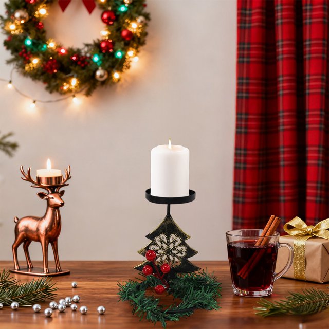 Candelabro navideño de metal bronce con diseño de reno y corazón | Centro de mesa navideño con corona y frutos rojos | Portavelas de hierro