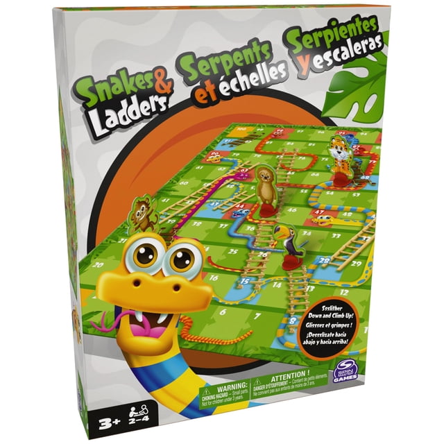 juego de mesa spin master games snakes & ladders kids 3+ multicolor tablero en vista 3/4 con casillas numeradas hasta 100, ilustraciones de animales, escaleras y serpientes, flecha giratoria y cuatro peones visibles; juego infantil para 2-4 jugadores ideal para noches de juegos familiares.