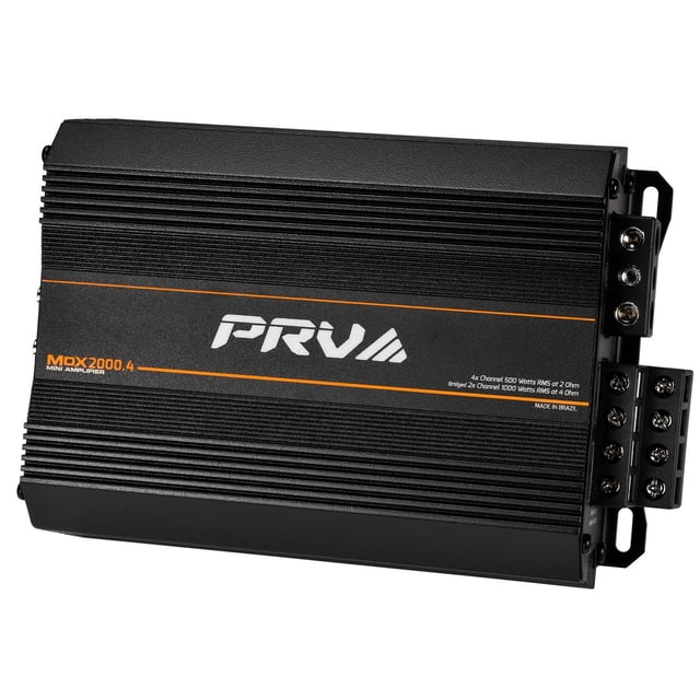 amplificador de audio para coche prv audio mdx2000.4 negro 4 canales 2000 vatios para deportes de po Vista frontal cenital de un amplificador PRV Audio MDX2000.4 negro con logo PRV blanco y franja naranja; chasis mini disipador con aletas horizontales, bornes y bloque de terminales a la derecha, marcado 4 x 500 W a 2 ohm y puente de 2 canales, apto para instalaciones en motocicletas y ATV.