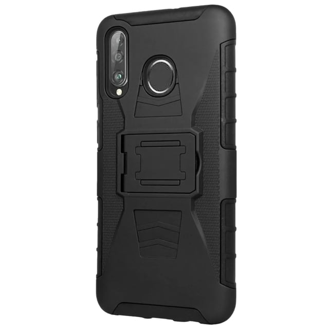 funda uso rudo clip 360 para huawei mate p30 lite más 2 micas de cristal Negra Cely Vesmir, vista posterior centrada con parachoques TPU flexible y respaldo acrílico resistente a arañazos, recortes para cámara triple y lector de huellas, soporte clip 360 plegable en el centro y bordes texturizados; perfil delgado apto para bolsillo y apta para usarse como soporte manos libres para ver videos.