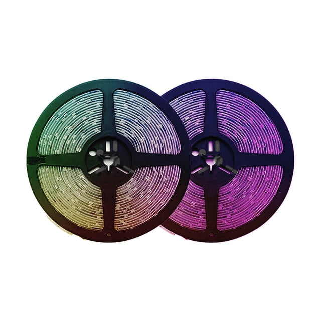 pack 2 tiras led bluetooth 20 mts 35 w, luz rgb + blanca int Kit de 2 bobinas de tiras LED (2 x 10 m) vistas frontalmente en bobinas negras, tiras enrolladas mostrando tonos RGB y blanco dinámico; incluye controlador con adaptador a corriente y adhesivo 3M. Instalación para interiores, control por app Bluetooth para ajuste de color, brillo, secuencias y modo música; a menudo usadas para delinear repisas, cocina o área de TV.